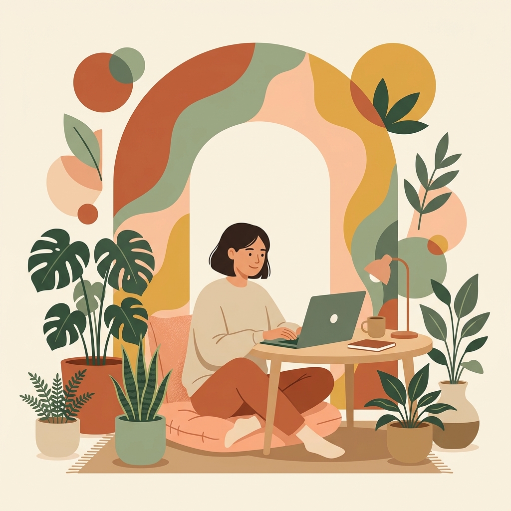Person working peacefully on laptop surrounded by plants